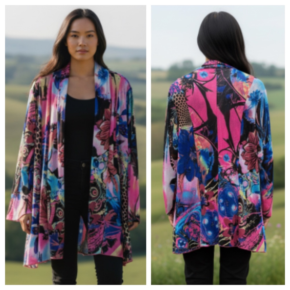 Calessa Open Cardigan Kimono Sz 2X XXL 18 20 Floral Pink Blue Boho Fairycore